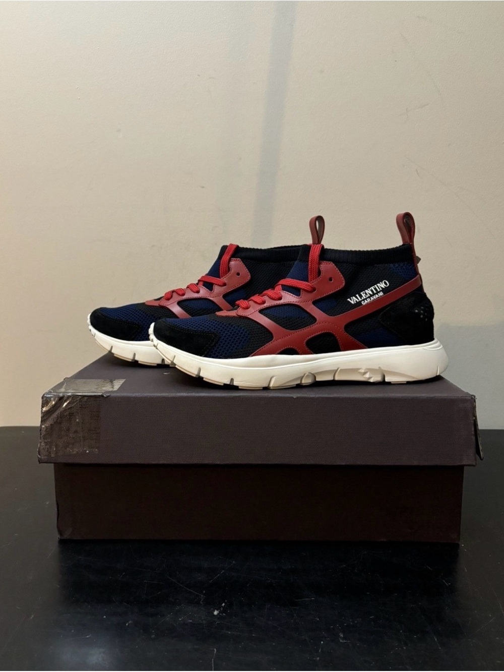 Valentino Garavani Rockstud Sound High Knit Sneakers Blue Red White